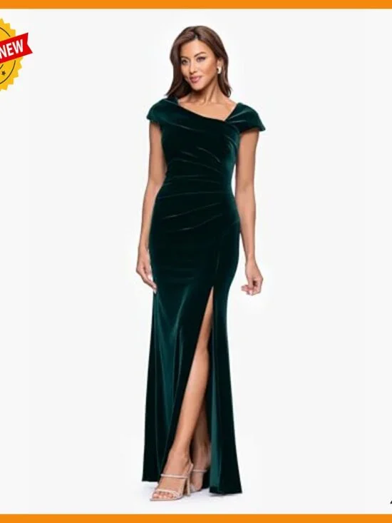 Velvet Formal Gown with Asymmetrical Neckline and Front Slit - Picture 5 of 5